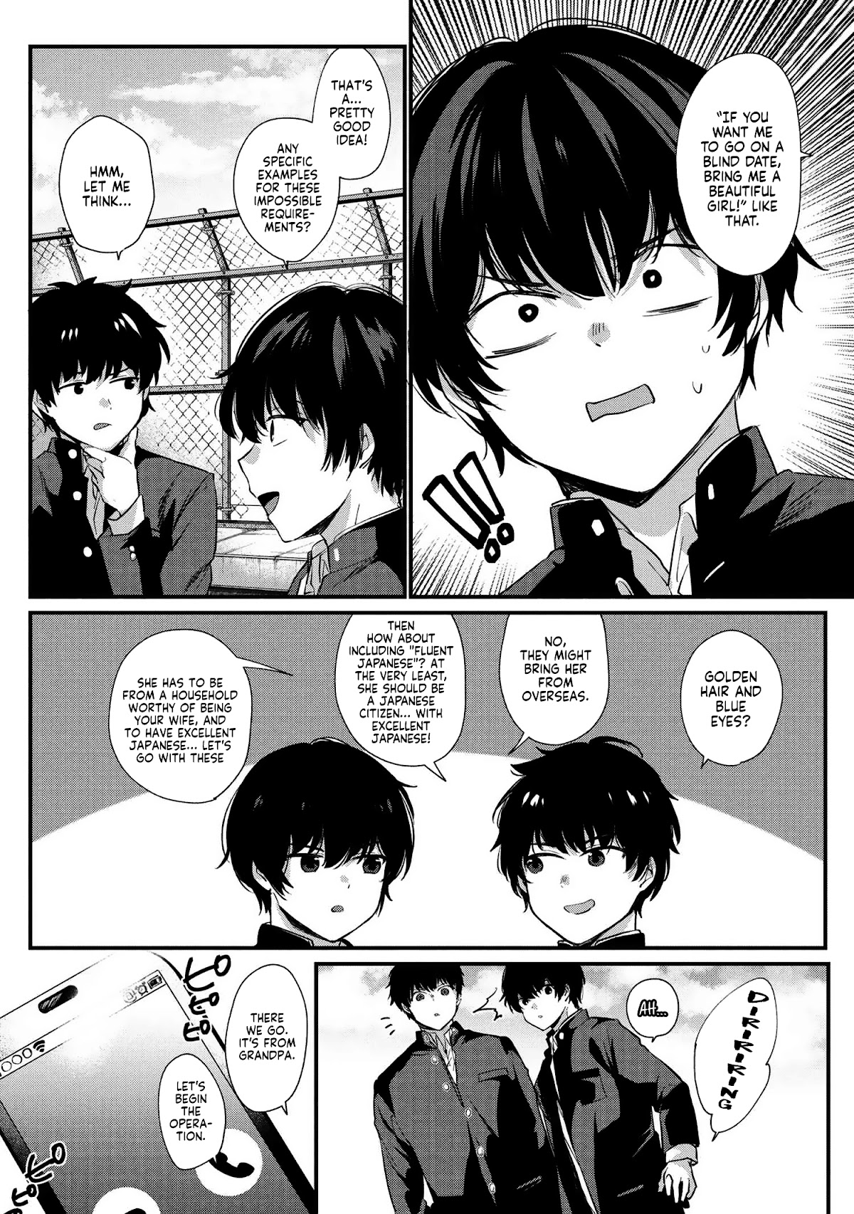 About that time I didn't want to have a matchmaking interview, so I set some impossible conditions and then my classmate showed up chapter 1 page 6