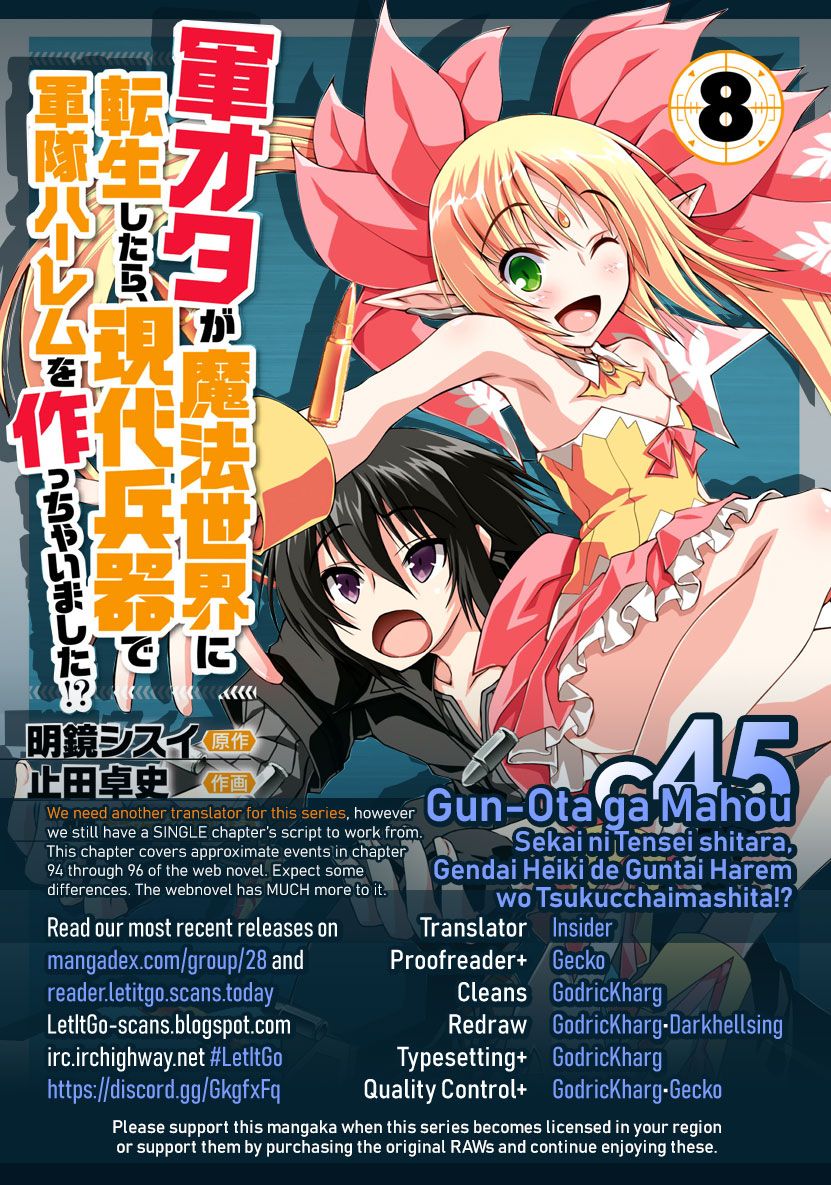 Gun-Ota ga Mahou Sekai ni Tensei shitara, Gendai Heiki de Guntai Harem wo Tsukucchaimashita!? chapter 45 page 1