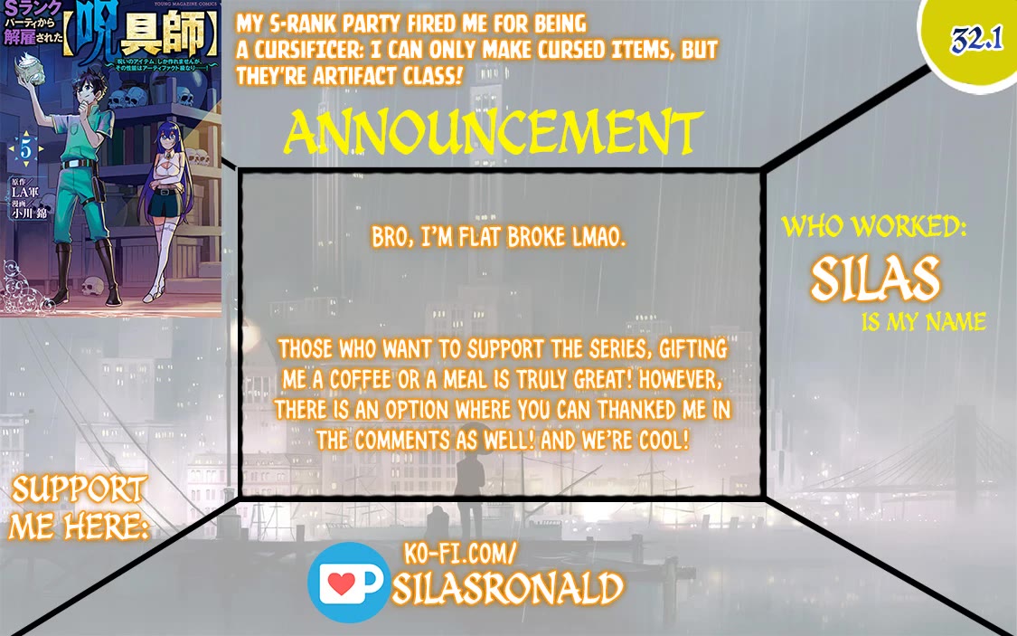 My S-Rank Party Fired Me for Being a Cursificer ~ I Can Only Make “Cursed Items”, but They're Artifact Class! chapter 32.1 page 1