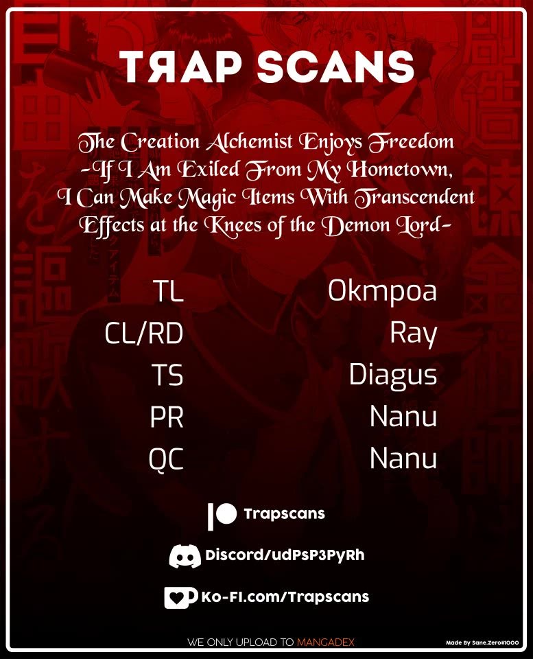 The Creation Alchemist Enjoys Freedom: If I Am Exiled From My Hometown, I Can Make Magic Items With Transcendent Effects at the Knees of the Demon Lord chapter 12 page 1