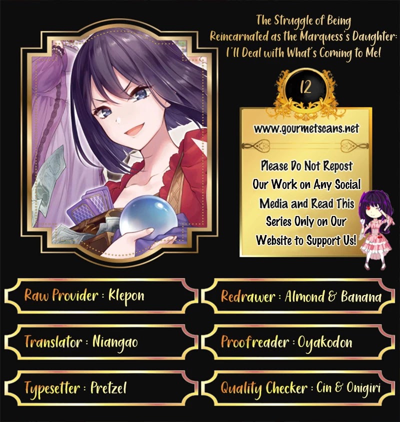 The Struggle of Being Reincarnated as the Marquess's Daughter: I'll Deal with What’s Coming to Me! chapter 12 page 1